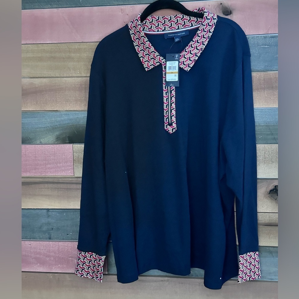 Tommy Hilfiger Women's Cotton Geo-Print-Trim Top in Sky Captain Blue